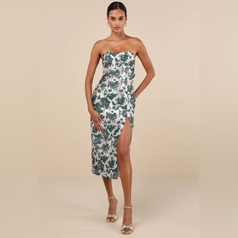 Lulus Beloved Belle Silver and Green Jacquard Strapless Bow Midi Dress